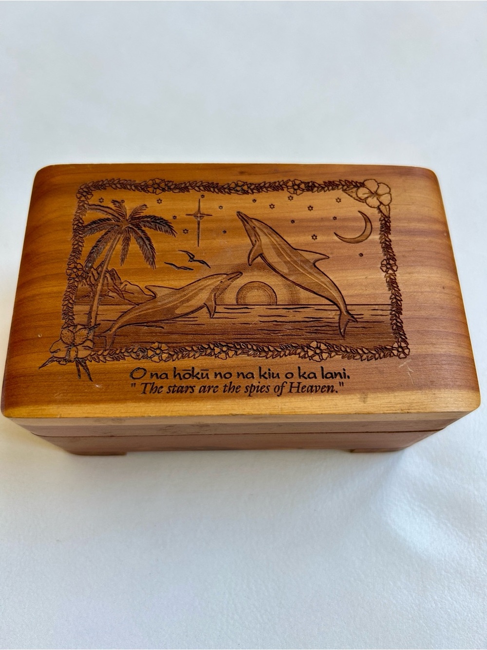 Hawaii Wooden Keepsake Box with Dolphin Sunset Engraving